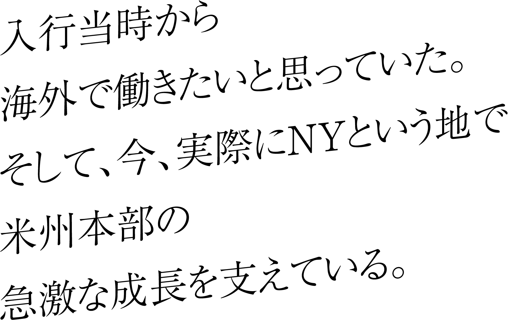 入行当時から海外で働きたいと思っていた。そして、今、実際にNYという地で米州本部の急激な成長を支えている。