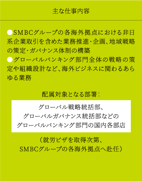 主な仕事内容 ●SMBCグループの各海外拠点における非日系企業取引を含めた業務推進・企画、地域戦略の策定・ガバナンス体制の構築●グローバルバンキング部門全体の戦略の策定や組織設計など、海外ビジネスに関わるあらゆる業務配属対象となる部署：グローバル戦略統括部、グローバルガバナンス統括部などの
								グローバルバンキング部門の国内各部店（就労ビザを取得次第、SMBCグループの各海外拠点へ赴任）