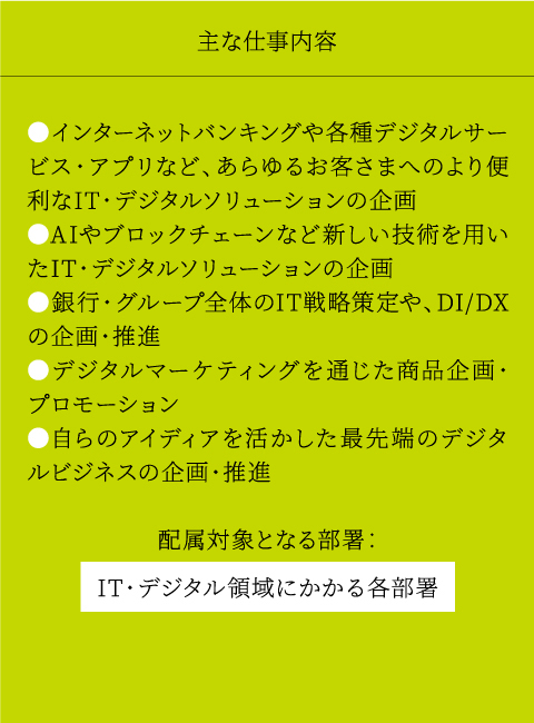 主な仕事内容 ●SMBCグループの各海外拠点における非日系企業取引を含めた業務推進・企画、地域戦略の企画推進・ガバナンス体制の構築 ●グローバルバンキング部門全体の戦略の策定や組織設計など、海外ビジネスに関わるあらゆる業務 配属対象となる部署：グローバル戦略統括部グローバルガバナンス統括部就労ビザを取得次第、SMBCグループの各海外拠点