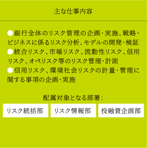 主な仕事内容 ●銀行全体のリスク管理の企画・実施、戦略・ビジネスに係るリスク分析、モデルの開発・検証 ●統合リスク、市場リスク、流動性リスク、信用リスク、オペリスク等のリスク管理・計測 ●信用リスク、環境社会リスクの計量・管理に関する事項の企画・実施 配属対象となる部署：リスク統括部 リスク情報部 投融資企画部