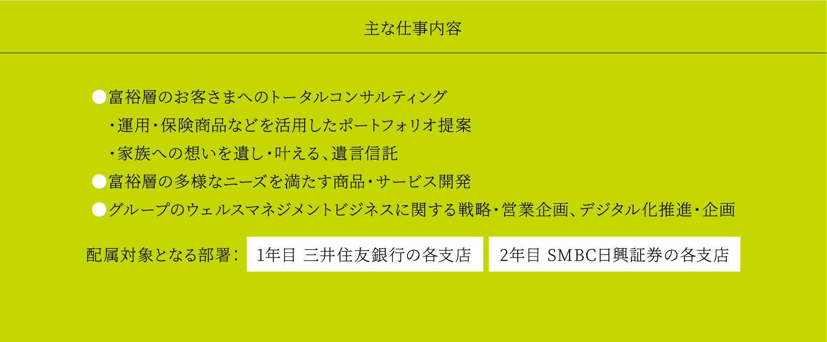 主な仕事内容 ●富裕層のお客さまへのトータルコンサルティング　・運用・保険商品などを活用したポートフォリオ提案　・家族への想いを遺し・叶える、遺言信託 ●富裕層の多様なニーズを満たす商品・サービス開発 ●グループのウェルスマネジメントビジネスに関する戦略・営業企画、デジタル化推進・企画 配属対象となる部署： 1年目 三井住友銀行の各支店 2年目 SMBC日興証券の各支店