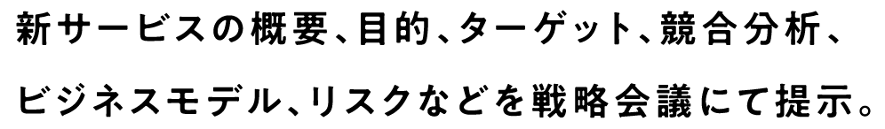 新サービスの概要、目的、ターゲット、競合分析、ビジネスモデル、リスクなどを戦略会議にて提示。