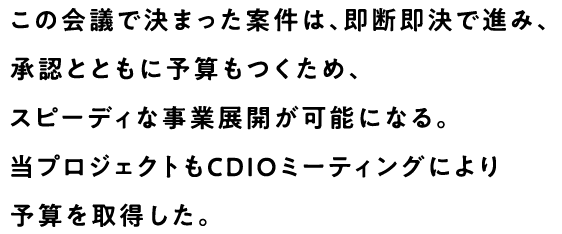 この会議で決まった案件は、即断即決で進み、承認とともに予算もつくため、スピーディな事業展開が可能になる。当プロジェクトもCDIOミーティングにより予算を取得した。