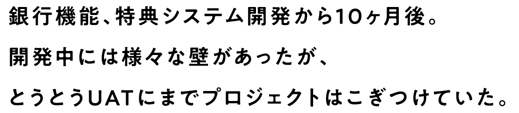 銀行機能、特典システム開発から10ヶ月後。開発中には様々な壁があったが、とうとうUATにまでプロジェクトはこぎつけていた。